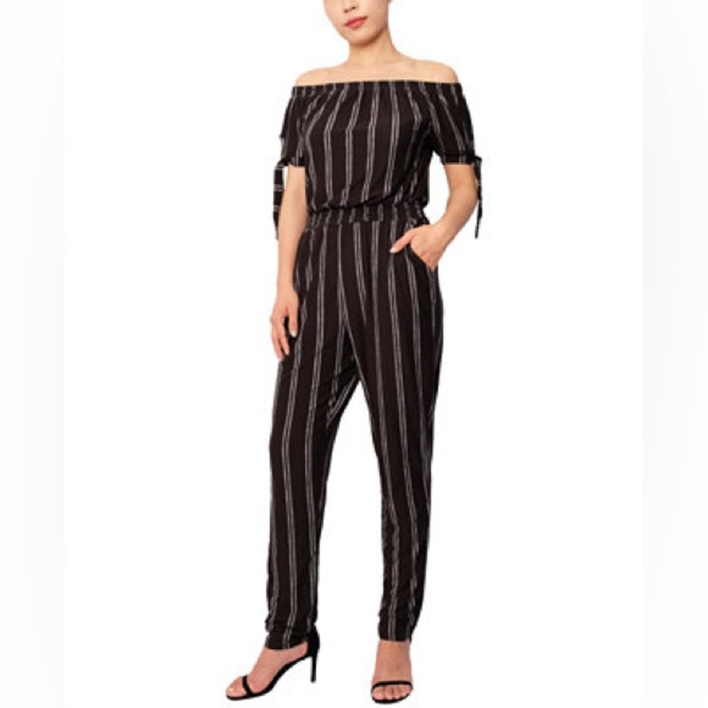 Derek Heart Striped Off-The-Shoulder Tie-Sleeve Jumpsuit